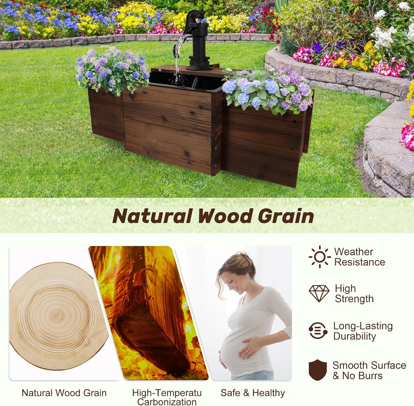 Outdoor Floor Wooden Rectangular Pump Water Fountain,Old-Fashioned Fountain with Flower Box,Electric Decorative Hand Pump, Outdoor Water Feature for Garden Patio Backyard