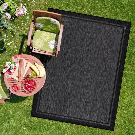CAMILSON Indoor Outdoor Rug, 8x10 Bordered Dark Gray Black Modern Area Rugs for Indoor and Outdoor Patios, Kitchen and Hallway Mats, Washable Porch Deck Outside Carpet (Bordered Black, 8 x 10)