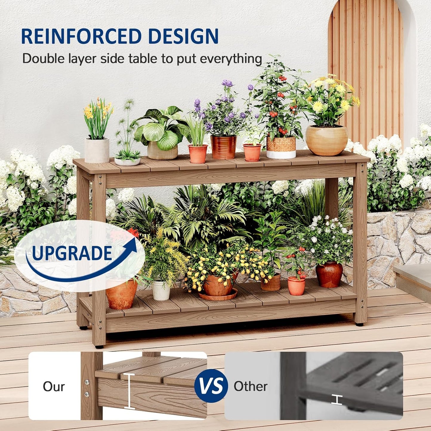 Outdoor Console Table, 48" Weather Resistant HIPS Patio Side Table, 440LBS Weight Capacity, 2-Tier Multifunctional Buffet Bar Storage Organizer for Garden Deck, Teak