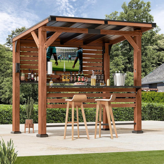 Modern Shade The Aura Cedar Wood Entertainment Bar Center, Wood Gazebo Grill Pavilion with Shelves & Paper Towel Holder, Grill Gazebo with Hardtop Steel Roof,TV Mount, Power Strip for Patio, Garden