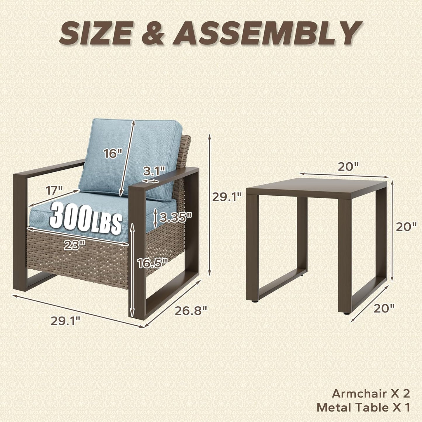 Outdoor Wicker Metal Chairs Set of 2 with Matching Side Table - 3 Pieces Patio Bistro Set with Removable Olefin Fabric Cushions & Rectangular Framed Wood-Looking Metal Armrest, Baby Blue