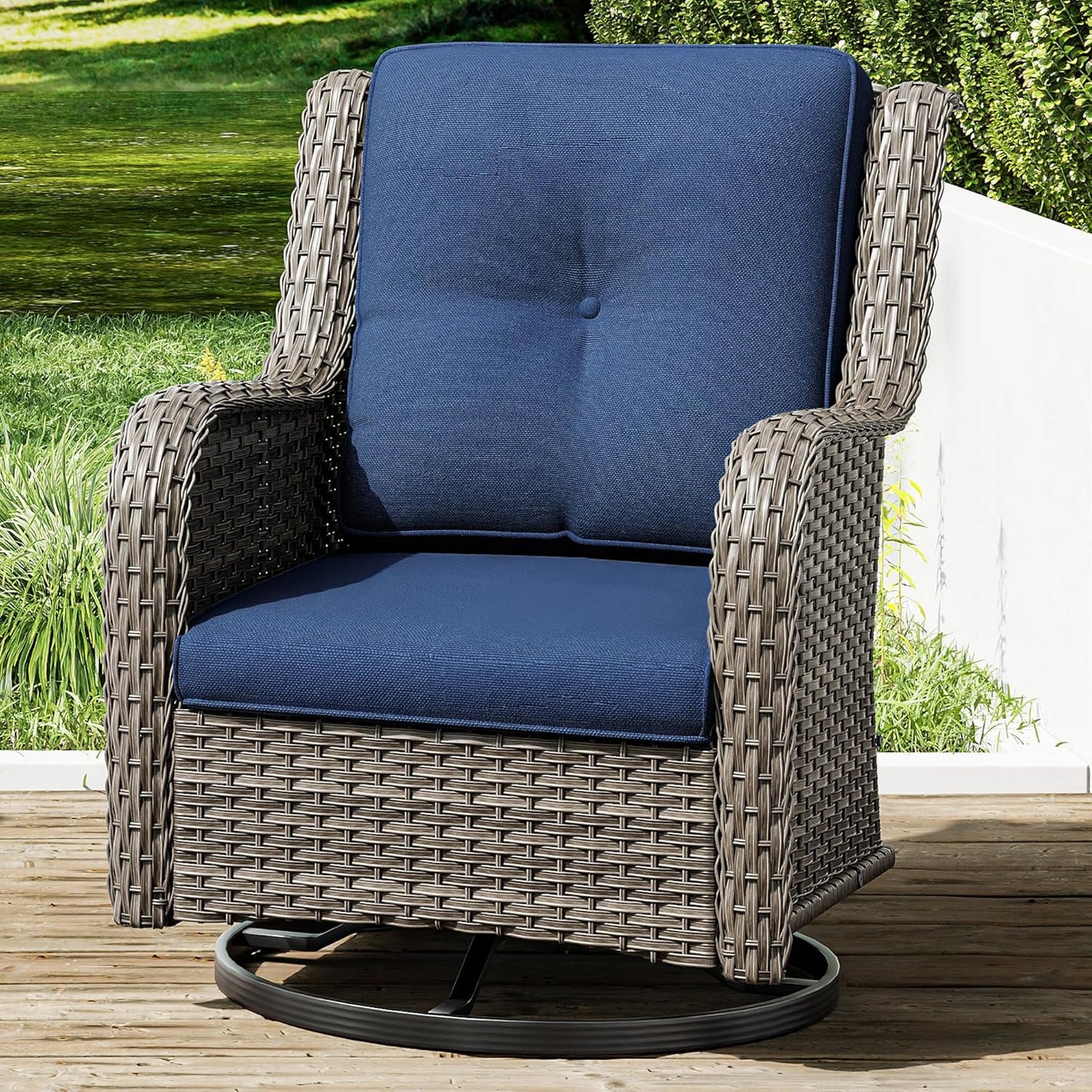 Joyside Outdoor Swivel Rocker Patio Chair - Outdoor Wicker Glider Rocking Chair with Olefin Fabric Cushions Suitable for Porch Deck and Backyard(Mixed Grey/Dark Blue)