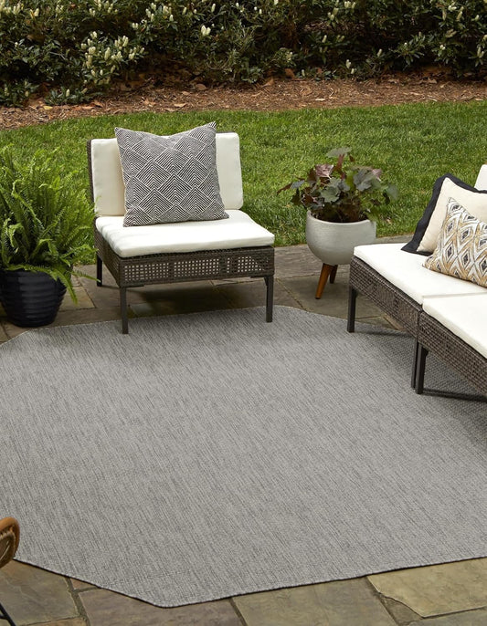 Unique Loom Collection Casual Transitional Solid Heathered Indoor/Outdoor Flatweave Area Rug (7' 10" Octagon, Light Gray/Ivory)