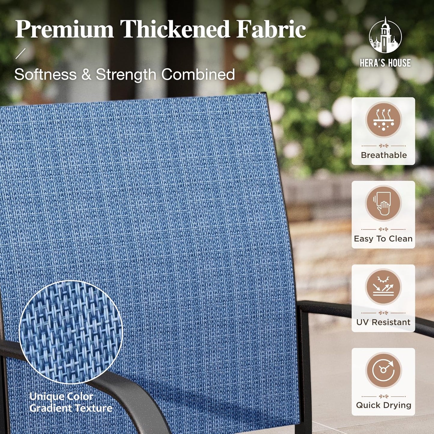 HERA'S HOUSE 5 Pieces Patio Dining Set, Outdoor Table and Chairs Set for 4, 4 x Blue Textilene Dining Chair, 37" Square Metal Dining Table, for Lawn Garden Backyard Deck