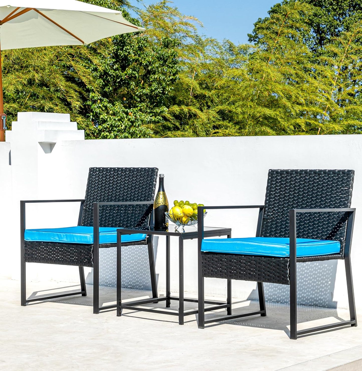 Patio Furniture Set,Wicker Bistro Set 3 Pieces Outdoor Furniture,Rattan Table and Patio Chairs Set for Balcony,Yard,Porch and Deck（Blue）