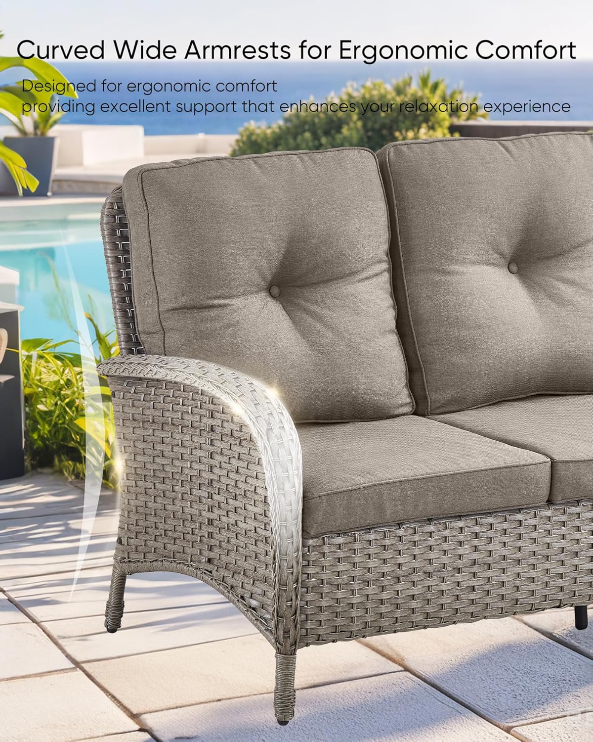HUMMUH Outdoor Patio Couch-Outdoor Rattan Couch with Thick Cushions Outdoor Sofa for Deck Lawn Porch Balcony Poolside-Grey/Grey