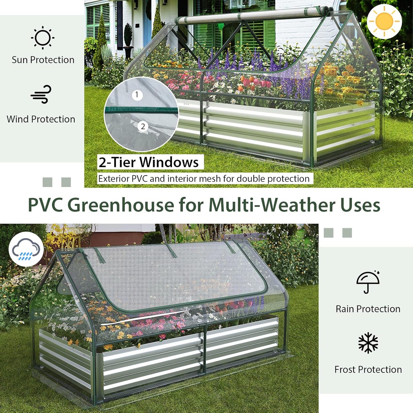 S AFSTAR Raised Garden Bed with Cover, 6FT x 3FT x 3FT Galvanized Bottomless Garden Bed with Greenhouse, Dual 2-Tier Roll-Up Windows, Easy Venting & Watering, Outdoor Metal Planter Box Kit with Cover