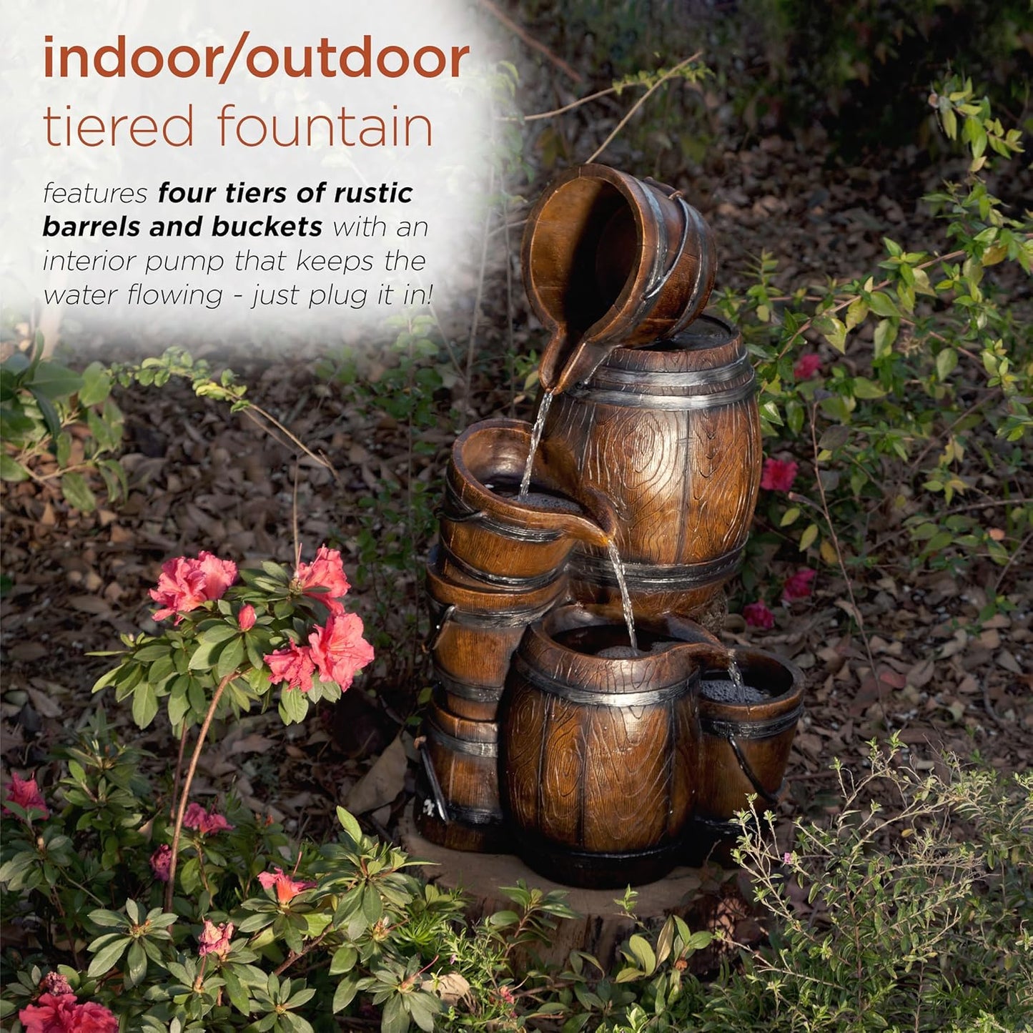 Alpine Corporation ZEN409S 24" Indoor/Outdoor Floor Tiered Barrels and Buckets Fountain, Rustic 4-Tier – Water Feature for Garden, Patio, and Home Décor, Brown