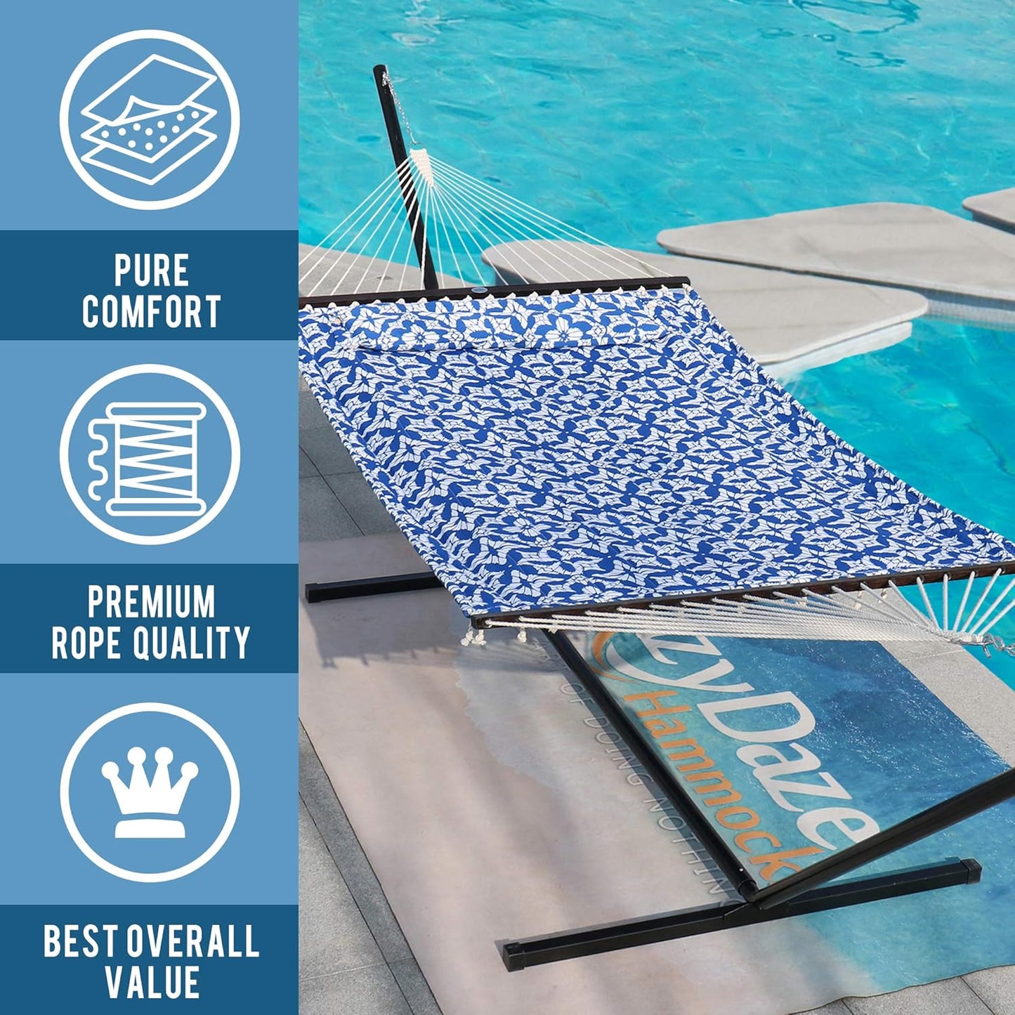 Lazy Daze Quilted Fabric Hammock with Spreader Bar, 2-Person Double Hammock for Outside Patio Poolside Backyard Beach, 450 lbs Capacity, QF48