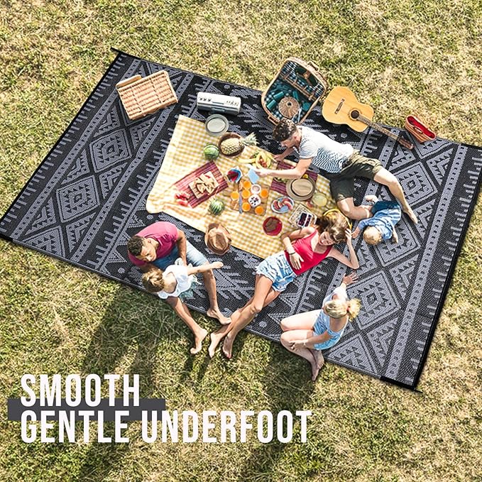 OLANLY Outdoor Rug Waterproof 9x12 ft, Reversible Outdoor Plastic Straw Rug, Boho Patio Rug, Indoor Outdoor Carpet, RV Mat Outside for Patio, Camp, Picnic, Balcony, Deck, Backyard, Black & Grey