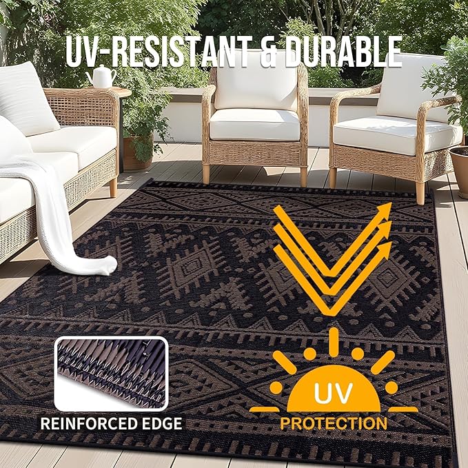 OLANLY Outdoor Rug Waterproof 9x18 ft, Reversible Outdoor Plastic Straw Rug, Boho Patio Rug, Indoor Outdoor Carpet, RV Mat Outside for Patio, Camp, Picnic, Balcony, Deck, Backyard, Black & Brown