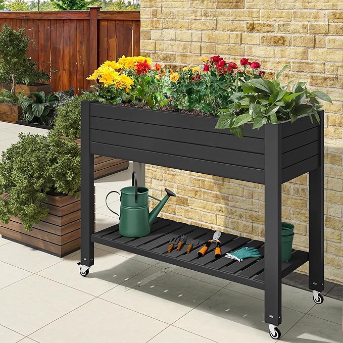 YITAHOME 43.3x17.7x34 in Elevated Garden Bed, Outdoor Plastic Planter Box with Wheels, Legs, Drain Plug, and Storage Shelf for Plants, Vegetables, Flowers, Herbs, Black