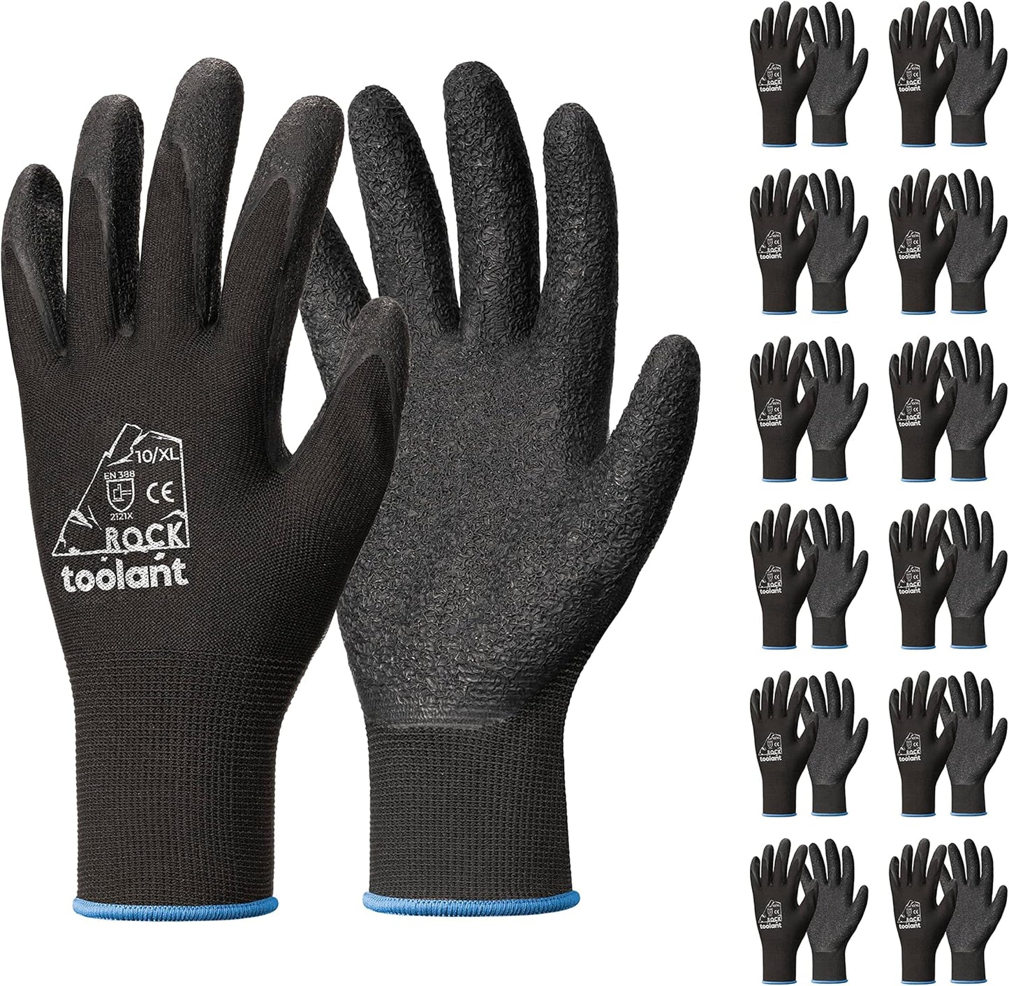 toolant Crinkle Latex Work Gloves Bulk, Rubber Coated Safety Work Gloves for Men and Women, 12 Pairs for Construction, Gardening, Warehouse (Black, XL)