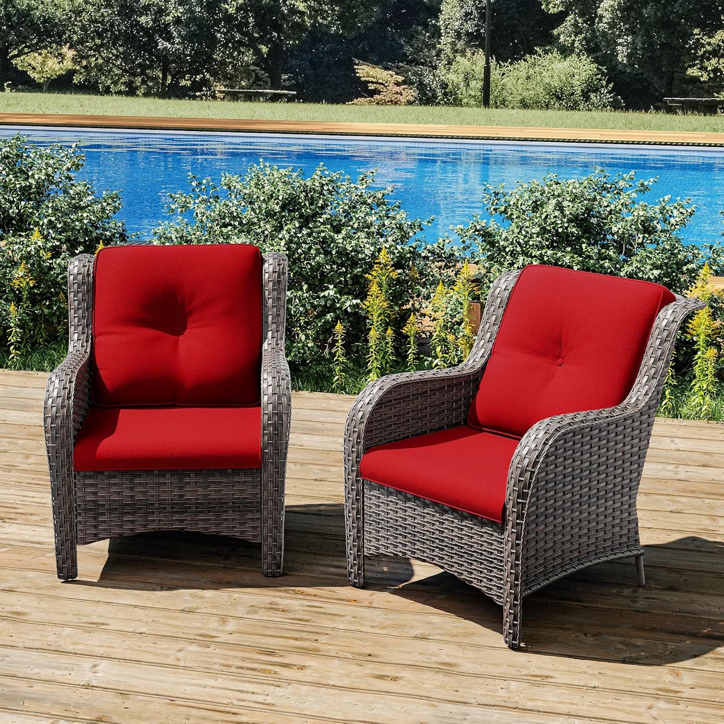 Joyside Outdoor Wicker Chair Rattan Patio Dining Chairs Set of 2 PE Wicker Patio Chairs with 4inch Seat Cushions Outdoor Patio Seating Chair for Garden, Backyard Swimming Pool, Balcony(Mixed Grey/Red)