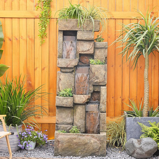 Garden Water Fountains Outdoor Floor Standing, 3 Tier Rock Waterfall Fountain with LED Lights and Pump for Garden, Patio, Backyard, Deck, Porch and Home Art Deco, 56.3" Very Tall