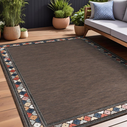 Beverly Rug Outdoor Rug 9x12 Modern Bordered Large Area Rugs for Indoor and Outdoor Patio Easy to Clean Non Shedding Living Room Porch Garden Washable Outside Carpet (9 x 12 Brown)