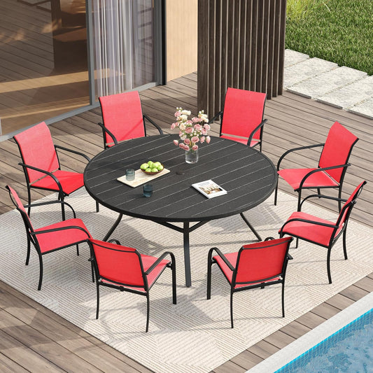 VICLLAX Patio Dining Set for 8, 9 Pieces Outdoor Furniture Set Includes 56.3" Round Patio Table and 8 Patio Stackable Chairs, Outdoor Table and Chairs for Outsides, Black Tabletop and Red Fabric