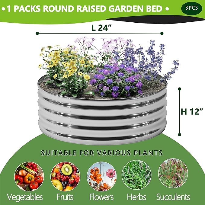 3PCS 2x2x1FT Galvanized Raised Garden Bed Kit,Vegetable Boxes-Round Metal Flower Box,Large Planter Raised Beds Outdoor Garden for Planting,Fruit,Herb-Sliver