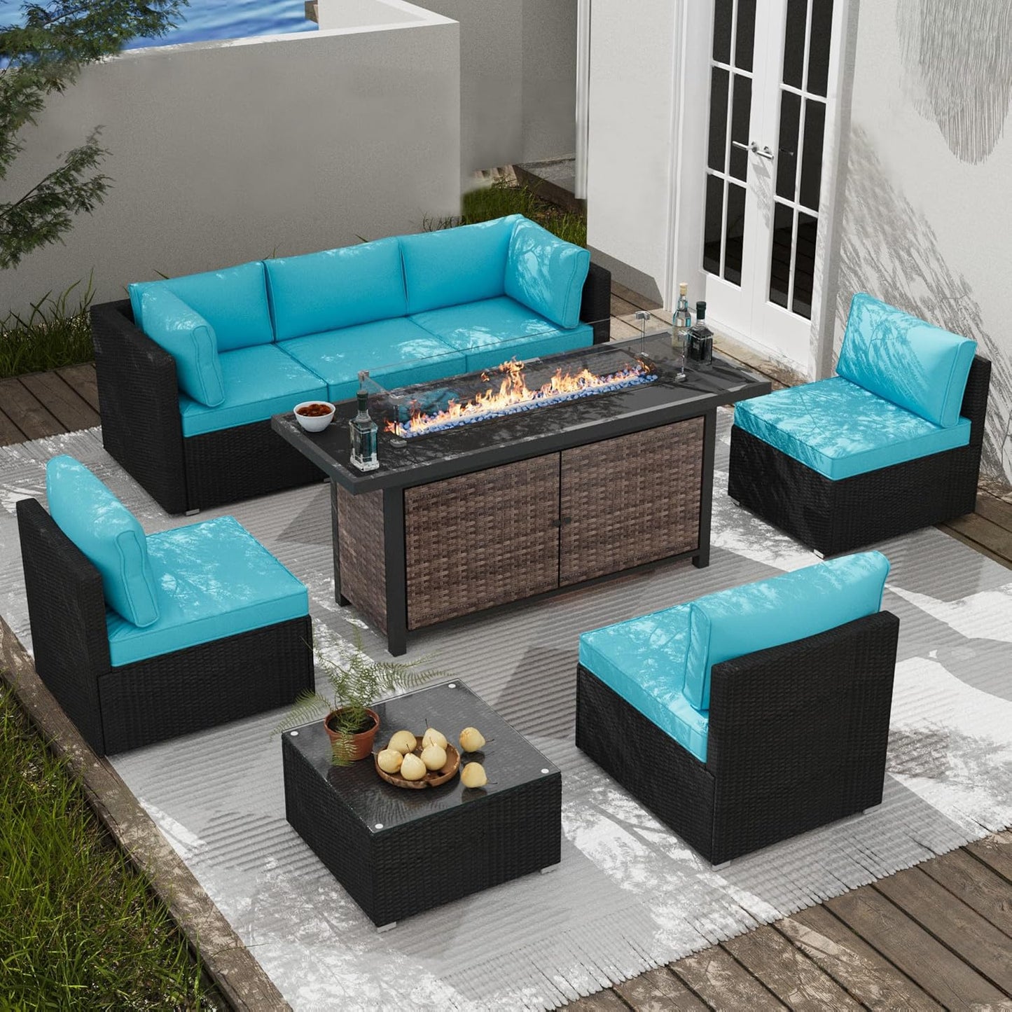 25-Pc Patio Furniture Set - 7 Piece Outdoor Rattan Sofa Set with 57" Fire Table and 17 Accessories, Modular Sofa Set for Garden/Poolside, Blue/Black