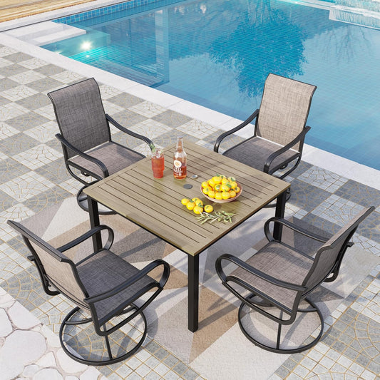 PHI VILLA 5 PCS Patio Dining Set, 4 Patio Swivel Dining Chairs & Square Brown Metal Slat Table Top with 1.57" Umbrella Hole, Outdoor Table and Chairs for All Weahter