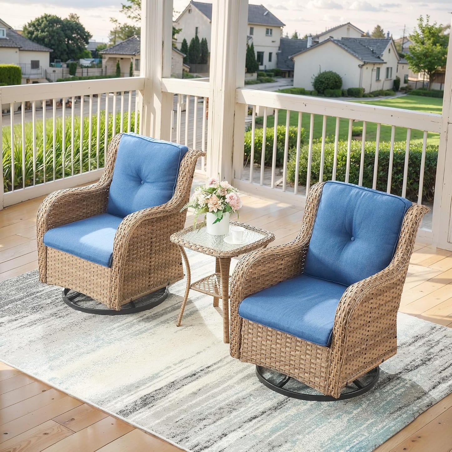 Outdoor Swivel Rocker Patio Chairs - 360 Degree Swivel Glider Seating 350LBS Weight Capacity 3 Piece Wicker Rocking Chairs Set with Side Table for Porch Balcony Deck, Yellow/Blue
