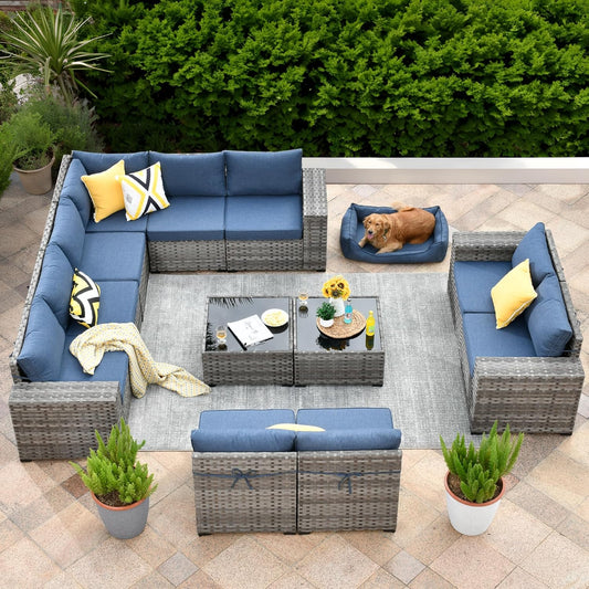 ovios 12 Pieces Patio Furniture Set, Outdoor Wicker Sectional Sofa with Glass Table Comfy Cushions, Modern Modular Deep Seat Couch Rattan Conversation Set, Denim Blue