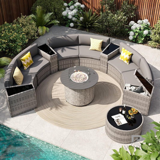 Patio Sectional Furniture Outdoor 12-Piece Grey Rattan Curved Sofa Set with Fire Pit Table,Storage Table,Pillows,Fit for Pool Backyard Balcony Porch Lawn (Grey)
