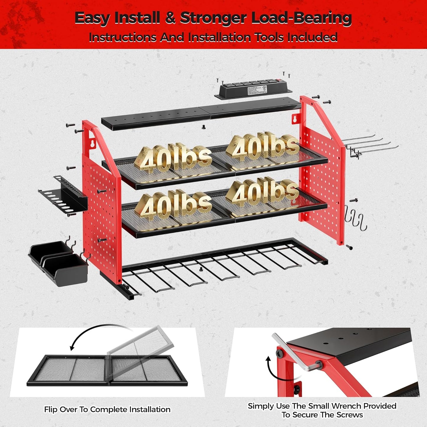LBT Power Tool Organizer With Charging Station,Patented,Heavy Duty Steel,6 Drilling Rig Sizes With Hooks And Screw Boxes,6 sockets,Easy To Install Garage Storage Rack,Great Gift For Men, Red