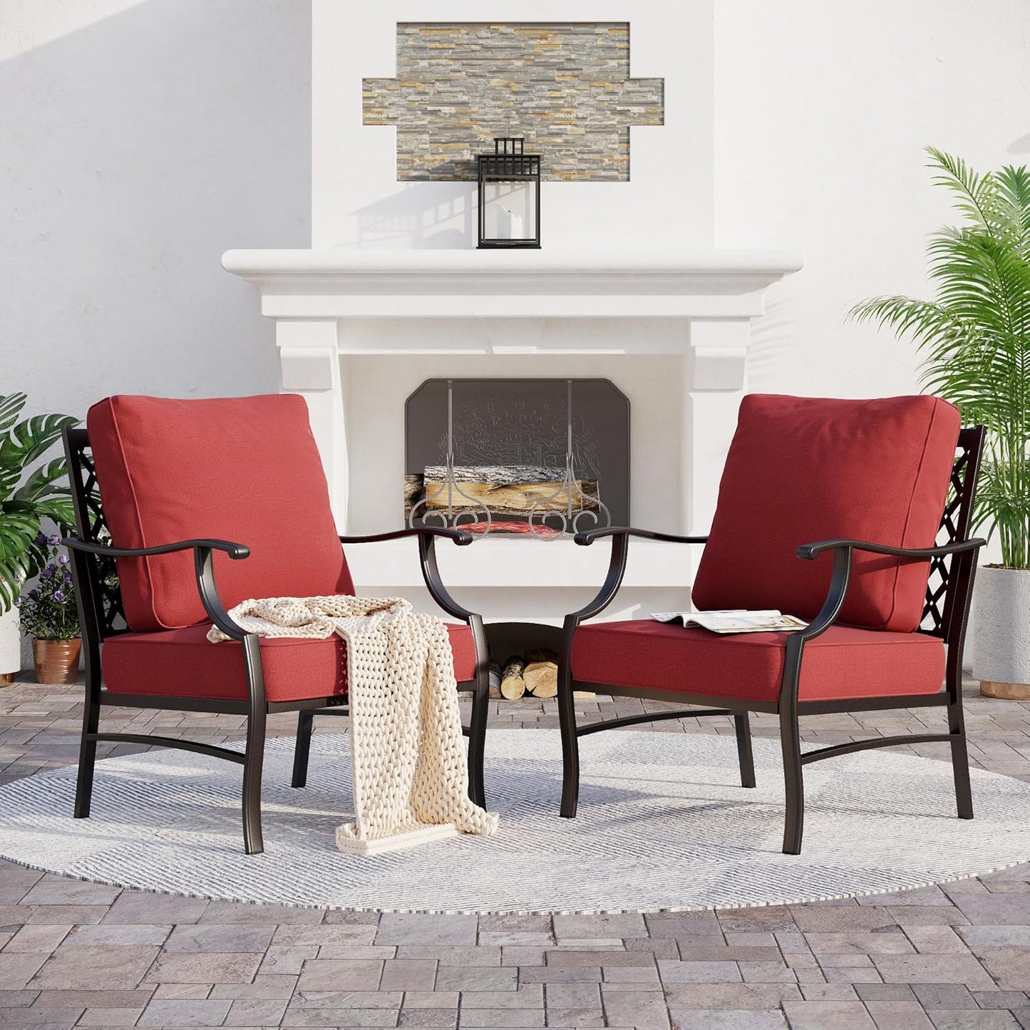Metal Patio Chairs Set of 2 with 5.75" Extra Thick Cushion, 2 Pieces High Back Outdoor Patio Chairs All Weather Outdoor Furniture Seating for Deck Backyard Balcony Front Porch, Red