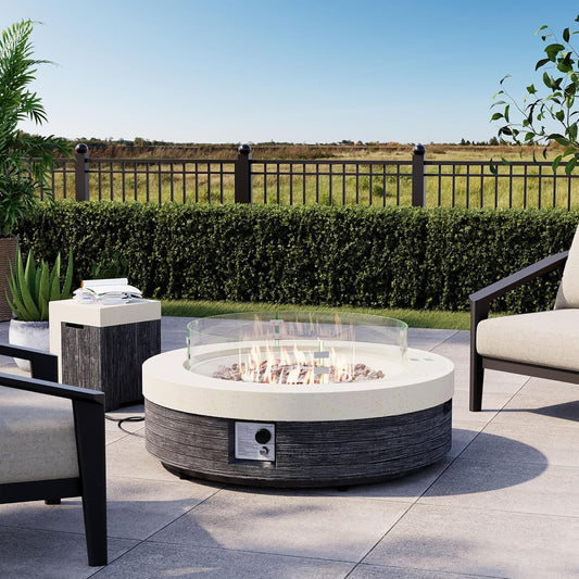 COSIEST 42" Outdoor Propane Fire Pit Table w Tank Cover & Wind Guard, Round Gas Fire Pit Table with Concrete & Wood Grain Design, 50000BTU CSA Certified Fire Tables for Patio, Backyard, Garden