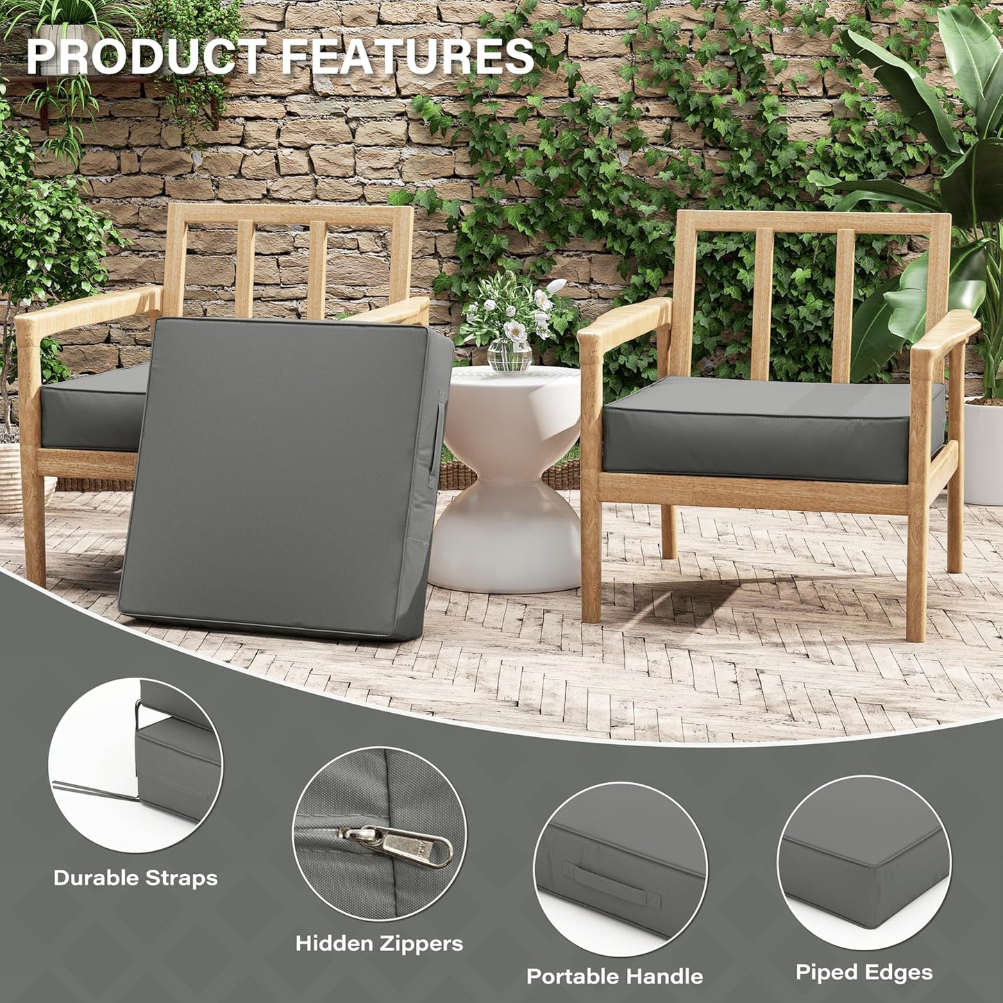 Patio Chair Cushions 24 X 24 X 5 Inch Waterproof Outdoor Seat Cushions for Patio Furniture, Outdoor Sofa Couch Pads with Ties & Handle, Set of 2, Light Grey