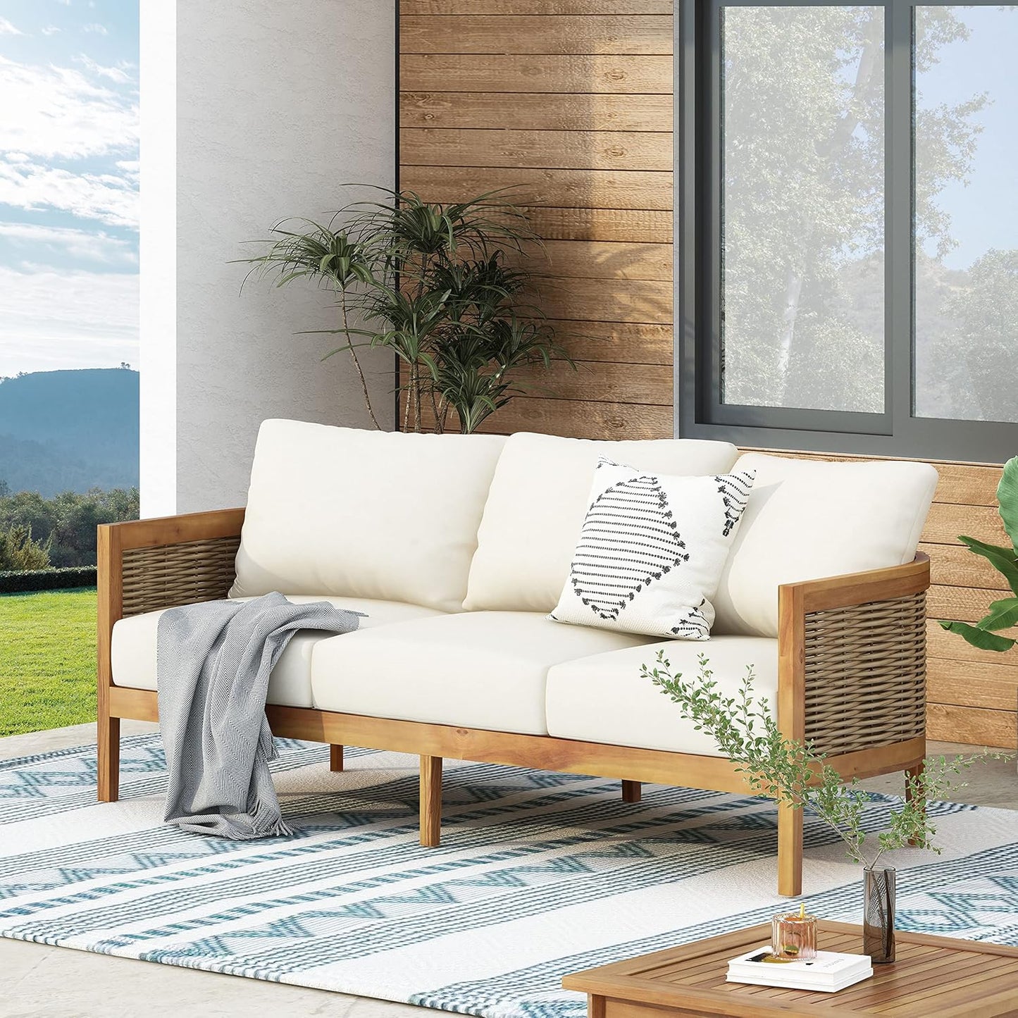 Christopher Knight Home Burchett Outdoor 3 Seater Sofa with Cushions - Acacia Wood and Round Wicker - Teak/Mixed Brown/Beige