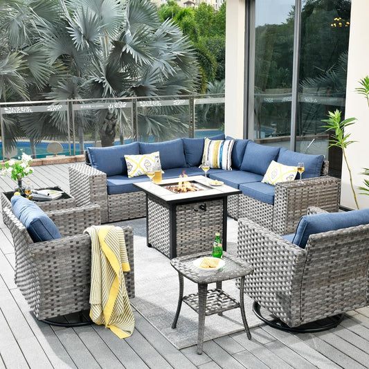 HOOOWOOO 10 Piece Modular Patio Outdoor Sectional Furniture Set with Gas Propane Fire Pit Table,Wicker Conversation Sofa Set with Swivel Chairs,Outside Couch Set(Denim Blue)