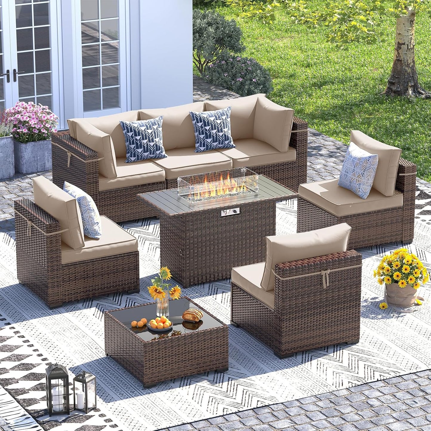 UDPATIO Patio Furniture Set with Fire Pit Table, 8 Piece Outdoor Sectional Modular Sofa, Wicker Outdoor Furniture Conversation Sets with Waterproof Cover for Backyard Deck(Brown/Khaki)