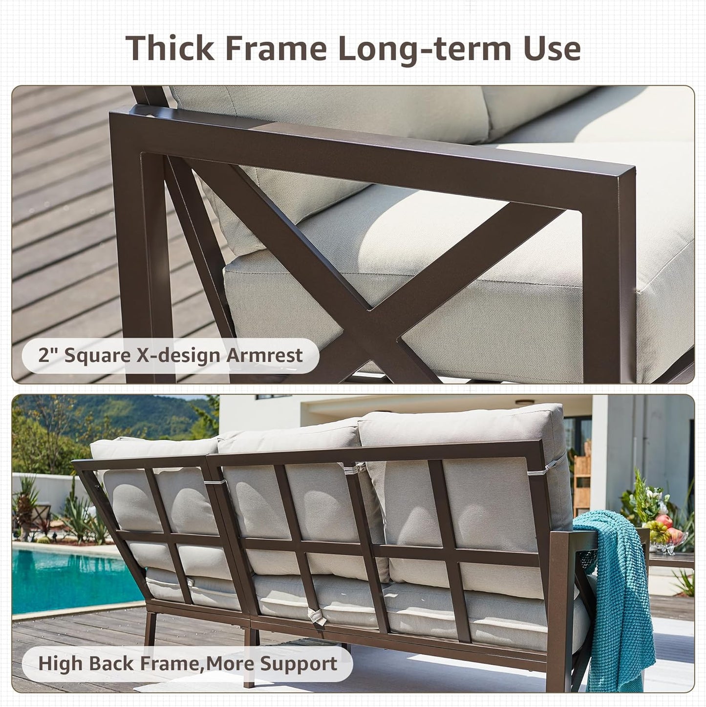 NATURAL EXPRESSIONS 6 Pieces Patio Furniture Sets, Metal Outdoor Sectional Furniture L Shape Patio Conversation Sets,Highback Frame,Metal Table,Large Waterproof Cover, 6.5" Olefin Cushions