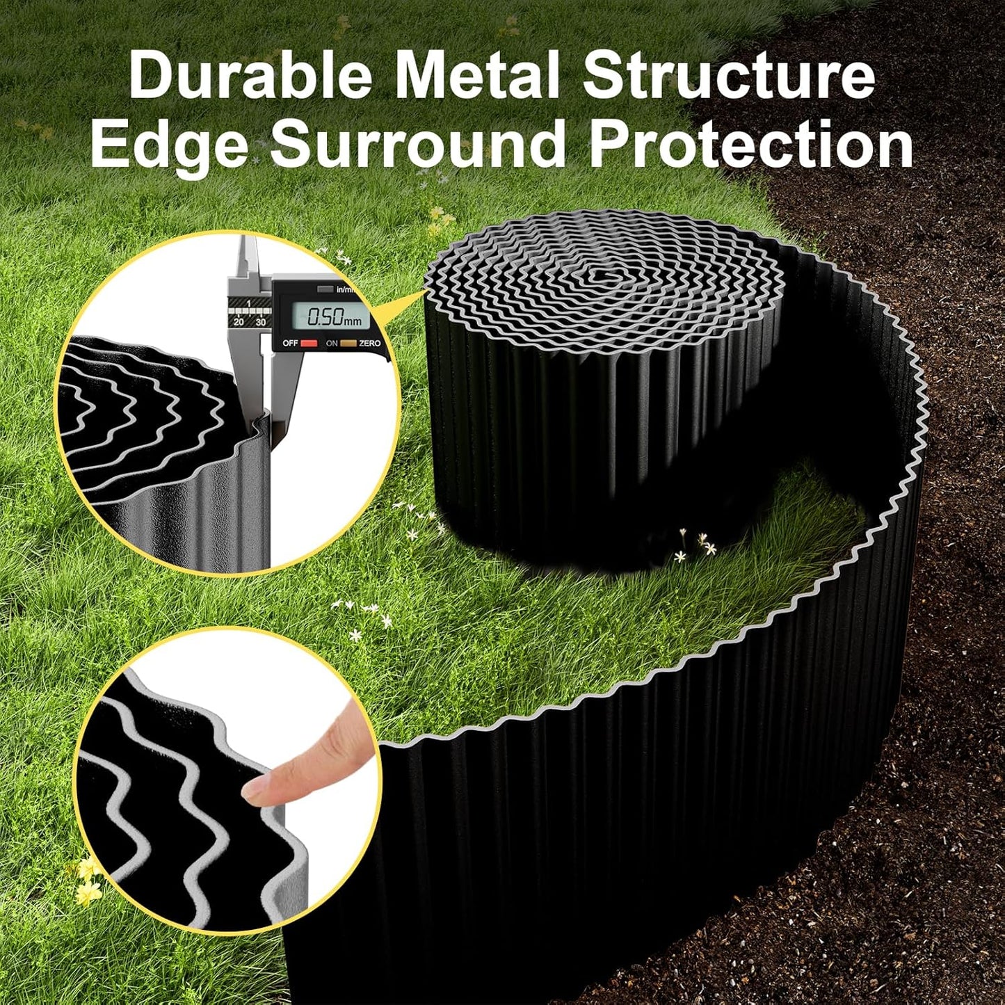Land Guard Corrugated Garden Edging Border, 6" x 25' Landscape Paver Edging, Tall Landscape Edging, Fence for Garden, Flower Bed, Lawn and Landscape Edging (Glossy Black)