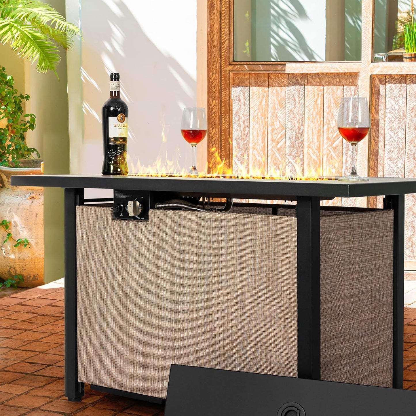 Nuu Garden 43" Propane Fire Pit Table, CSA-Listed Outdoor 50,000 BTU Gas with Lid and Glass Beads, 2-in-1 Rectangular for Outside Backyard Patio, Light Brown