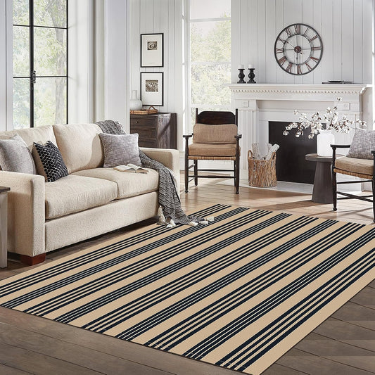 IOHOUZE Black and Tan Striped Rug 5'x7' Indoor Outdoor Rug, Washable Area Rug for Living Room, Large Patio Rug, Cotton Striped Rugs for Patio Living Room Bedroom