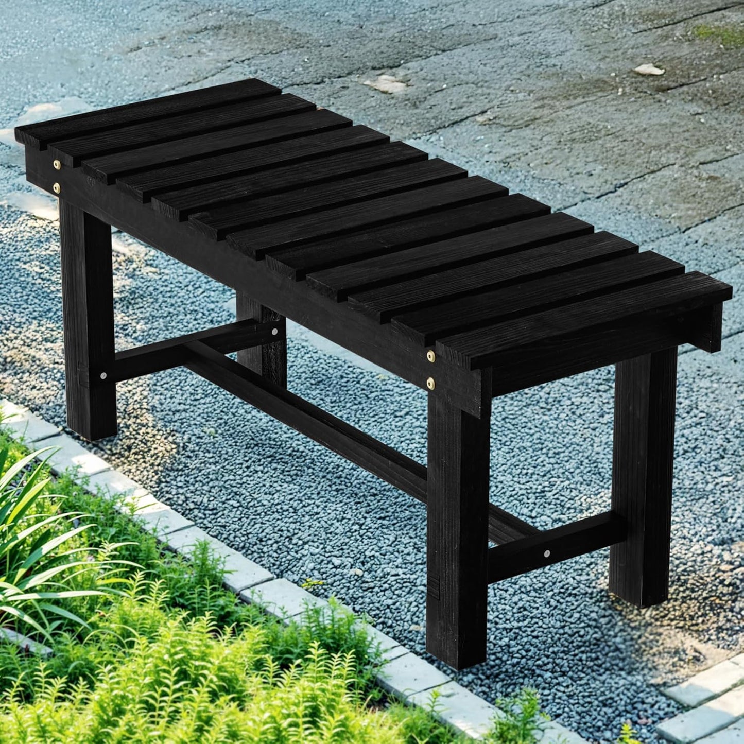 Nidouillet Outdoor Garden Bench, Weatherproof Patio Benches 2-Person Seat Backless Wooden Porch Bench, Multifunctional Slat All Weather Bench for Garden Lawn Porch Park Backyard (Black, 35.5 inch)