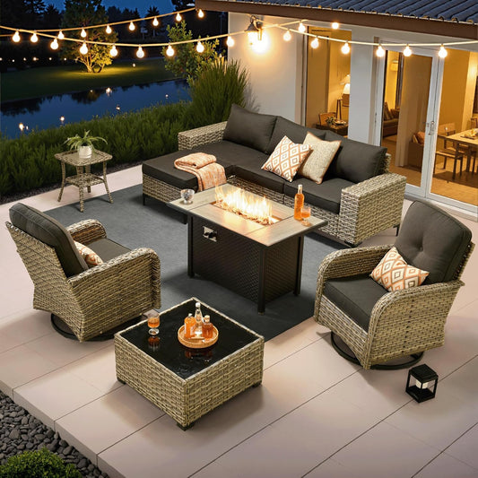 ovios 9 Pieces Patio Furniture Set Outdoor Sectional Sofa Couch with Fire Pit Table Rocking Swivel Chairs Deep Seat Chaise, Modern Modular Wicker Rattan Conversation Set, Black