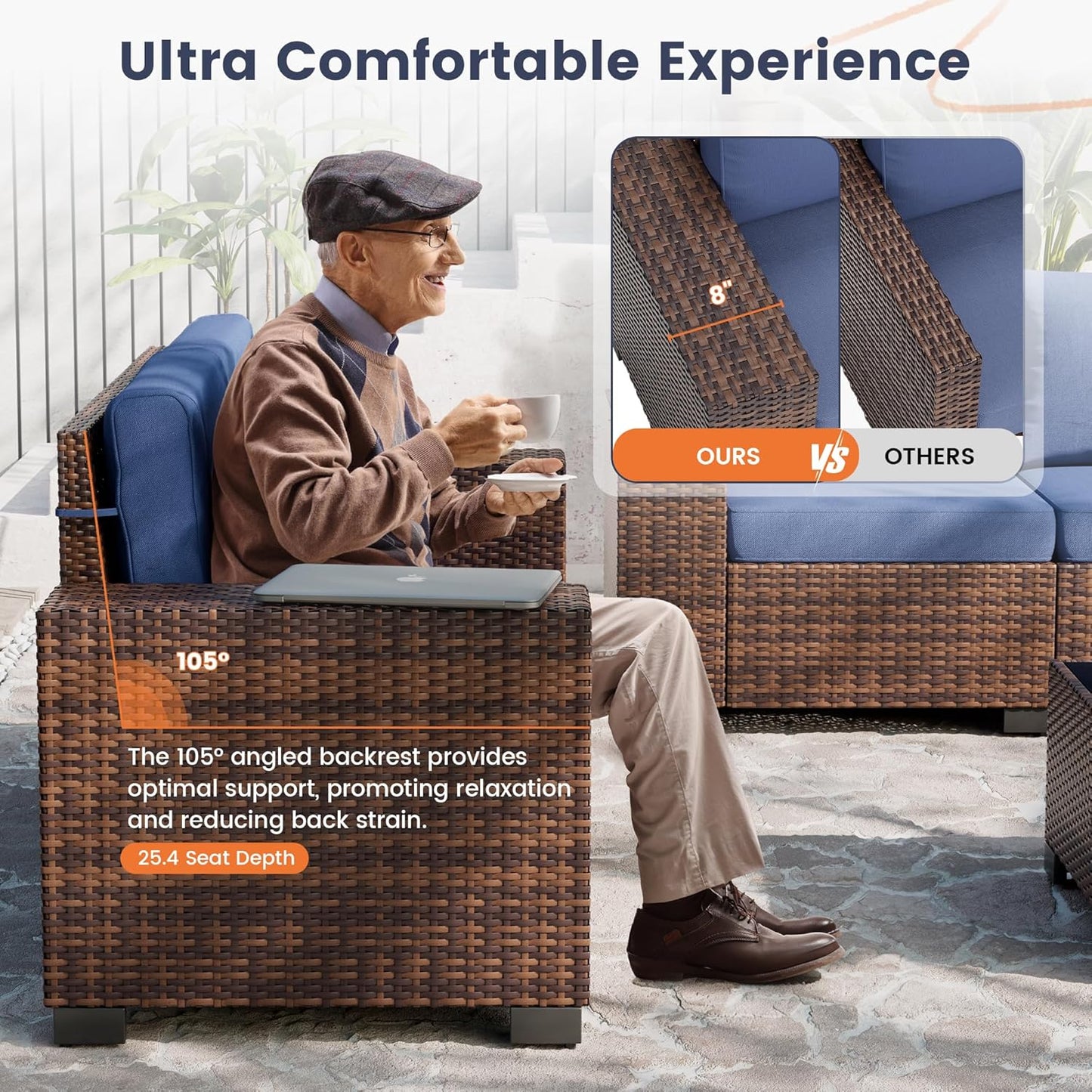 UDPATIO Patio Furniture Set with Fire Pit Table, 8 Inch Armrest Outdoor Sectional Sofa, 7 Piece Wicker Outdoor Furniture Conversation Sets with Waterproof Cover for Backyard Deck(Brown/Navy Blue)