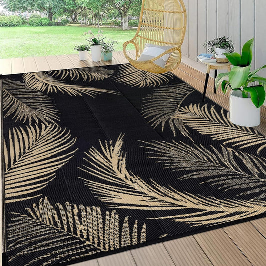 Pauwer Waterproof Outdoor Rug 8x10, Reversible Plastic Straw Patio Camping Rug, Indoor Outdoor RV Mat Carpet for Deck, Camper, Porch, Balcony, Backyard, Picnic, Leaf Black Brown