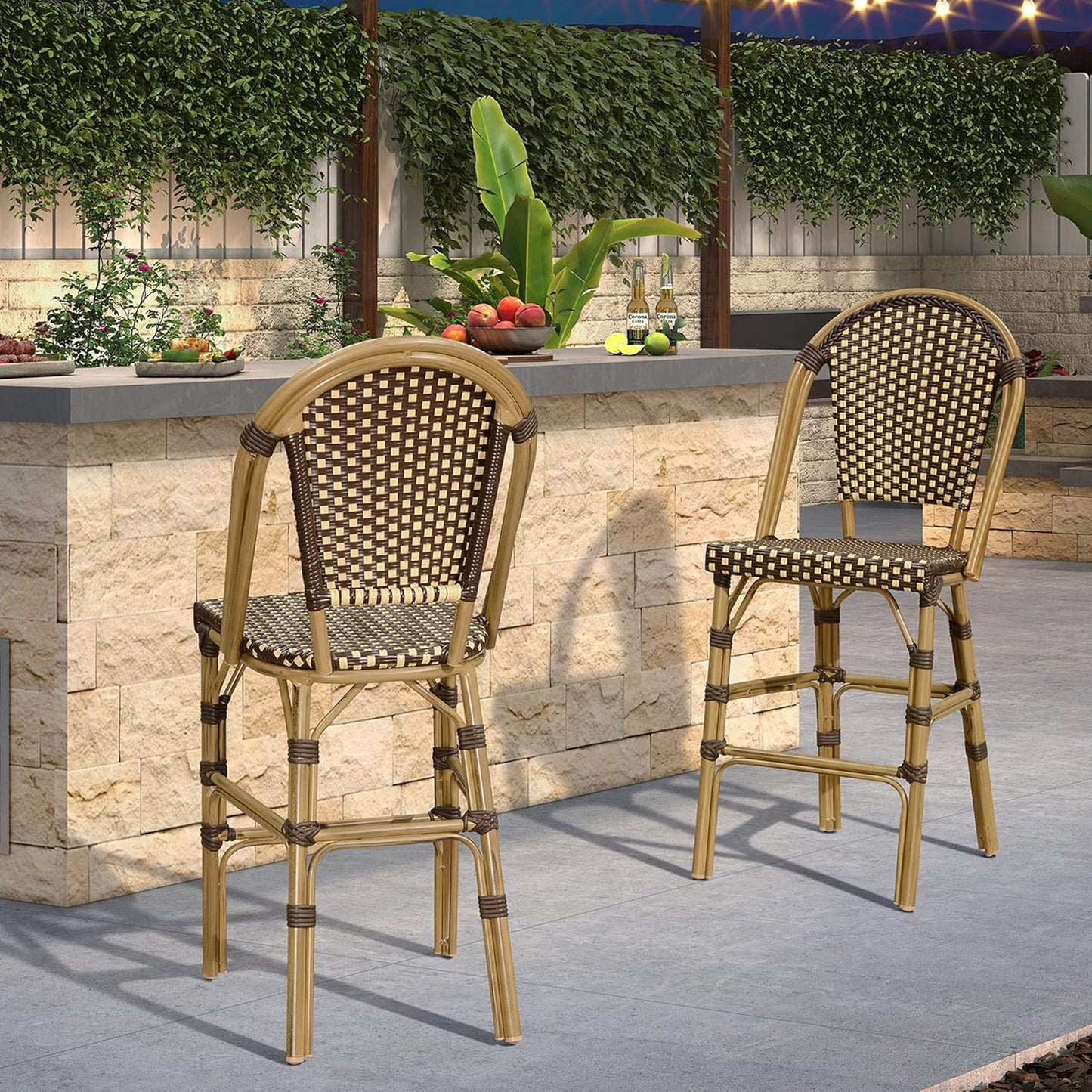 PURPLE LEAF French Bar Stool Set of 2 Bamboo Print Finish Patio Bar Stools with Back Rattan Chairs Wicker Bar Height Stool 30" with Footrest Kitchen Island Stools Outdoor Barstool Brown
