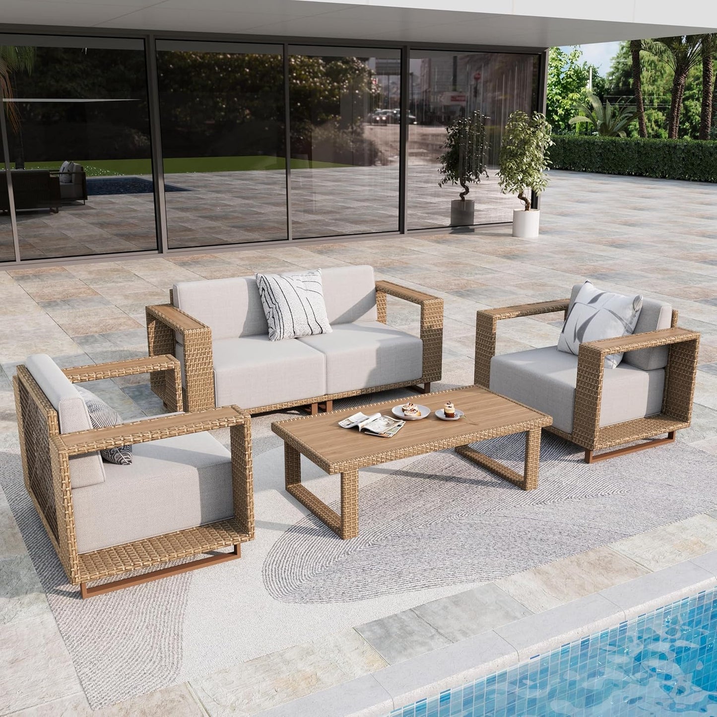 Outdoor Patio Furniture Set, 5 Piece Outdoor Rattan Wicker Sofa Couch, Conversation Set with 2 Single Sofa, 2 Armchairs and Coffee Table for Deck Backyard Lawn