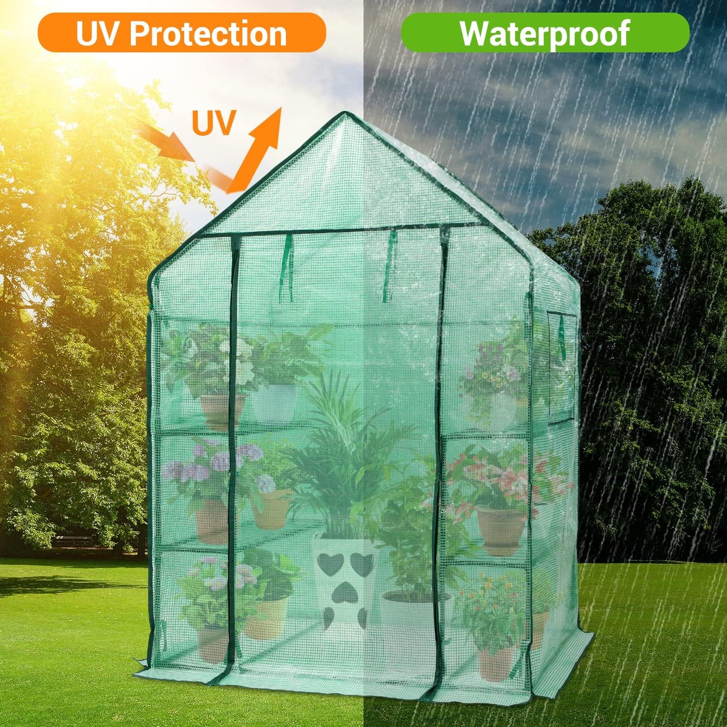 Ohuhu Greenhouse for Outdoors with Mesh Side Windows, 3 Tiers 4 Shelves Small Walk-In Green House Plant Stands Plastic PE Cover Outside Portable Warm House for Seedling Flowers Growing, 4.8x2.5x6.4 FT