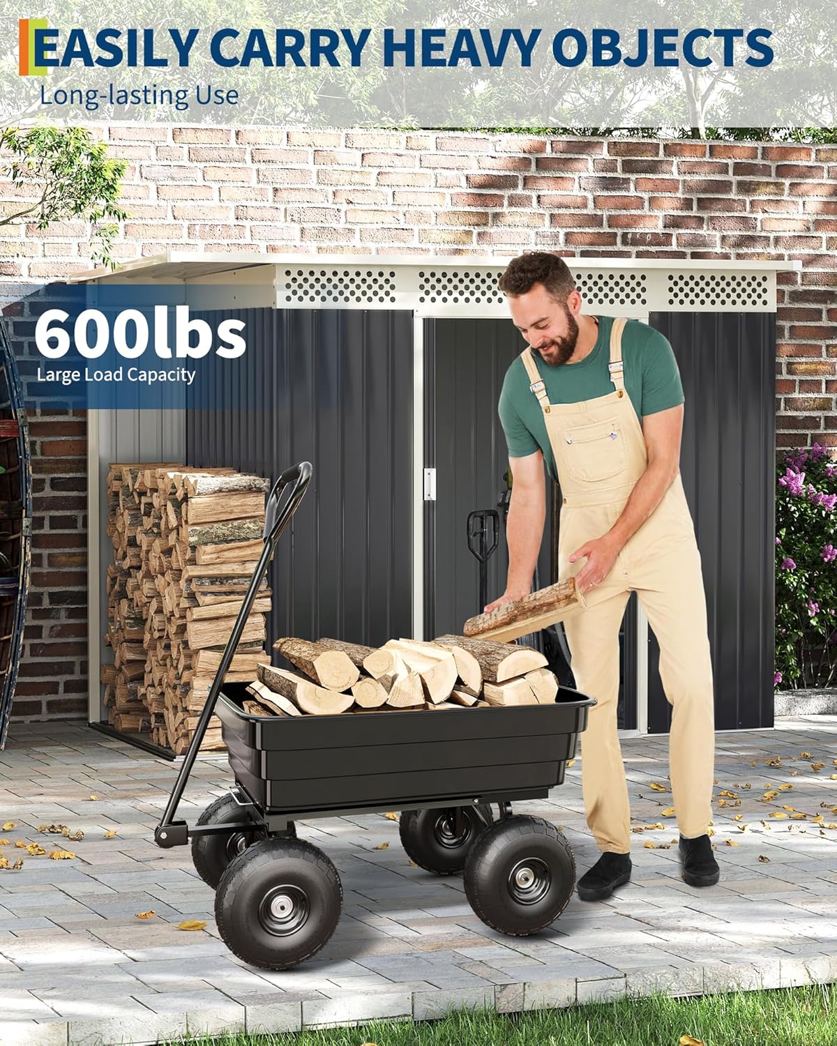 Poly Dump Cart - Heavy Duty 600lbs Garden Cart with Quick-Release Dumping & No-Flat 10" Tires, Utility Wagon for Yard Work, Landscaping, Gardening