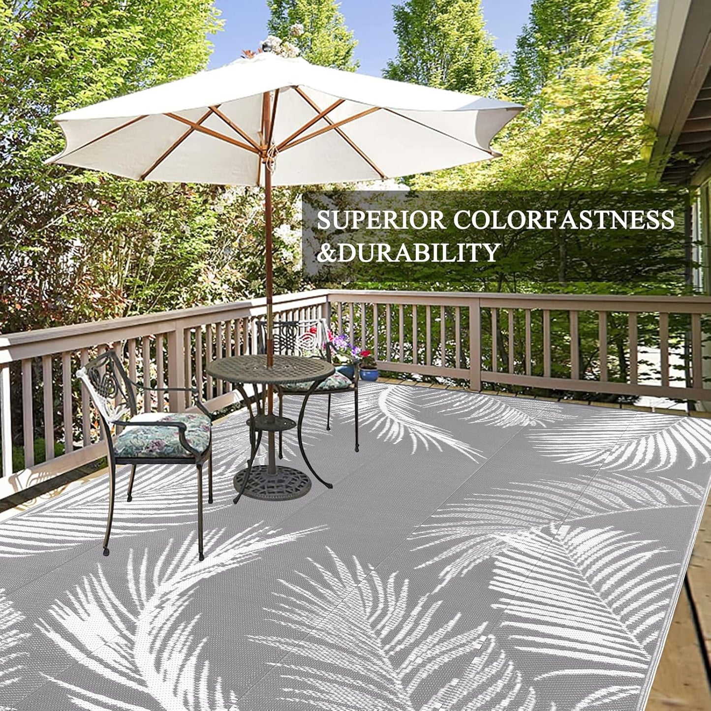 Pauwer Outdoor Rug, 6'x9', Leaf Grey, Reversible, Waterproof, Polypropylene, Lightweight, RV Mat, Patio Decor