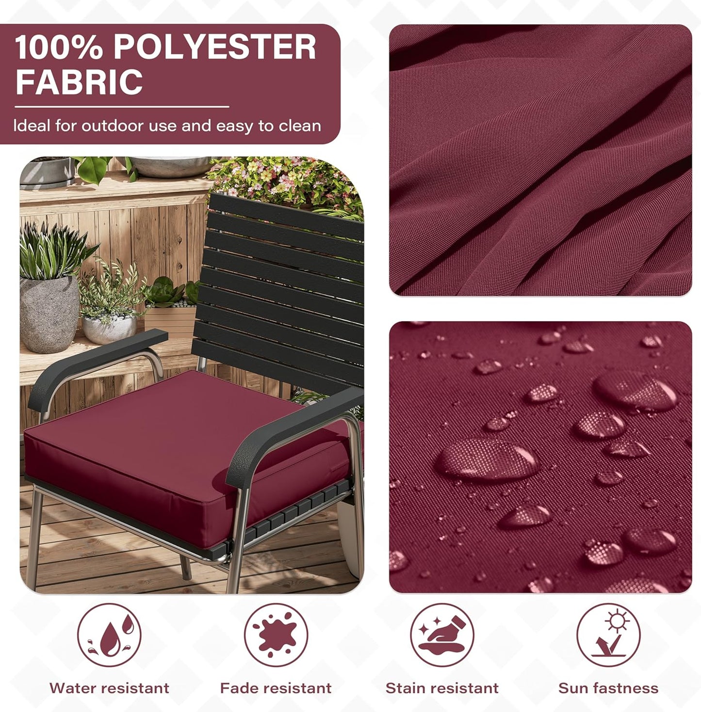 Patio Chair Cushions 22 X 22 X 4 Inch Waterproof Outdoor Seat Cushions for Patio Furniture, Outdoor Sofa Couch Pads with Ties & Handle, Set of 2, Burgundy