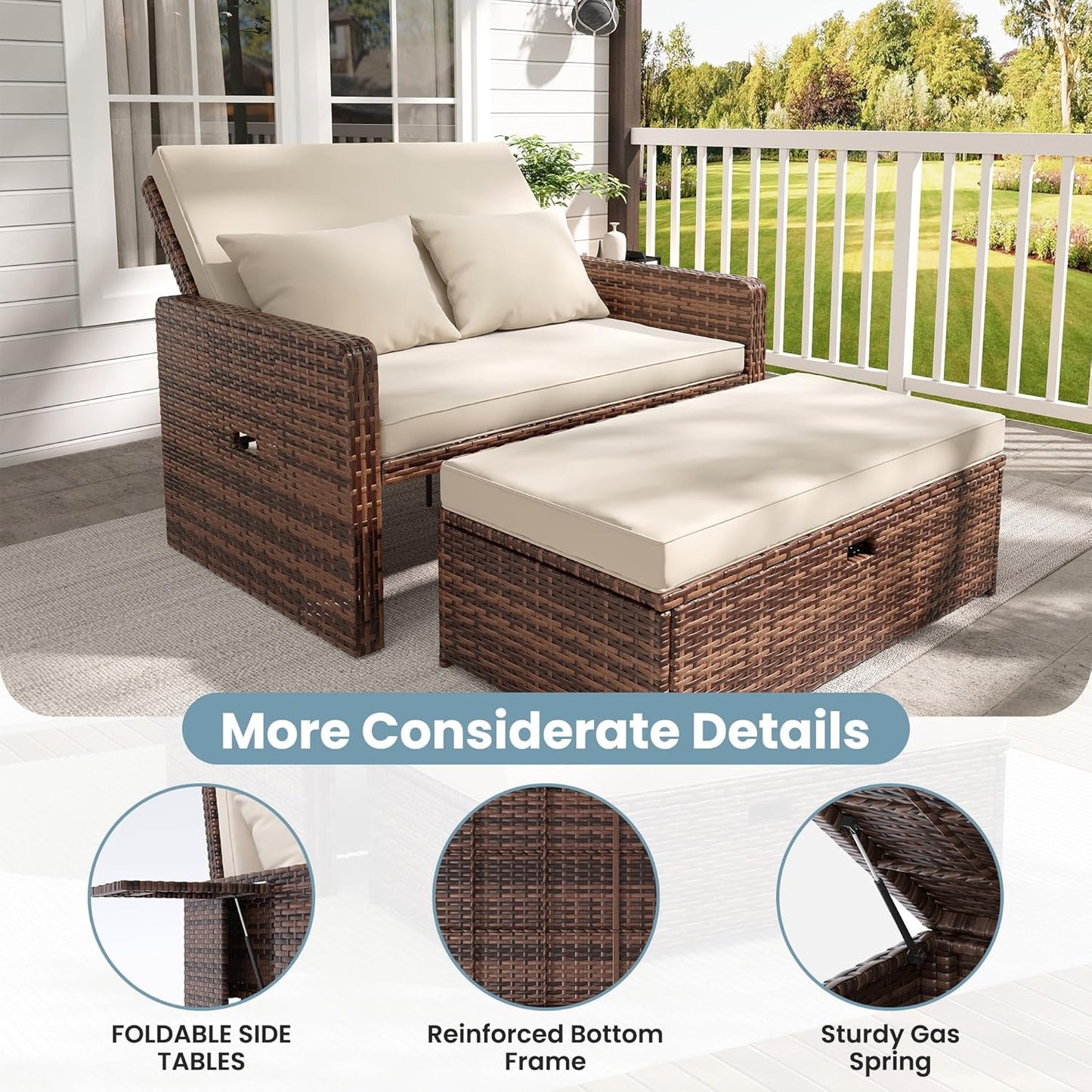 Amopatio Wicker Outdoor Daybed - Outdoor Loveseat with Storage Ottoman,4-Level Adjustable Backrest & Cushions, Patio Loveseat for Yard, Balcony, Porch, Garden, Poolside（Beige）