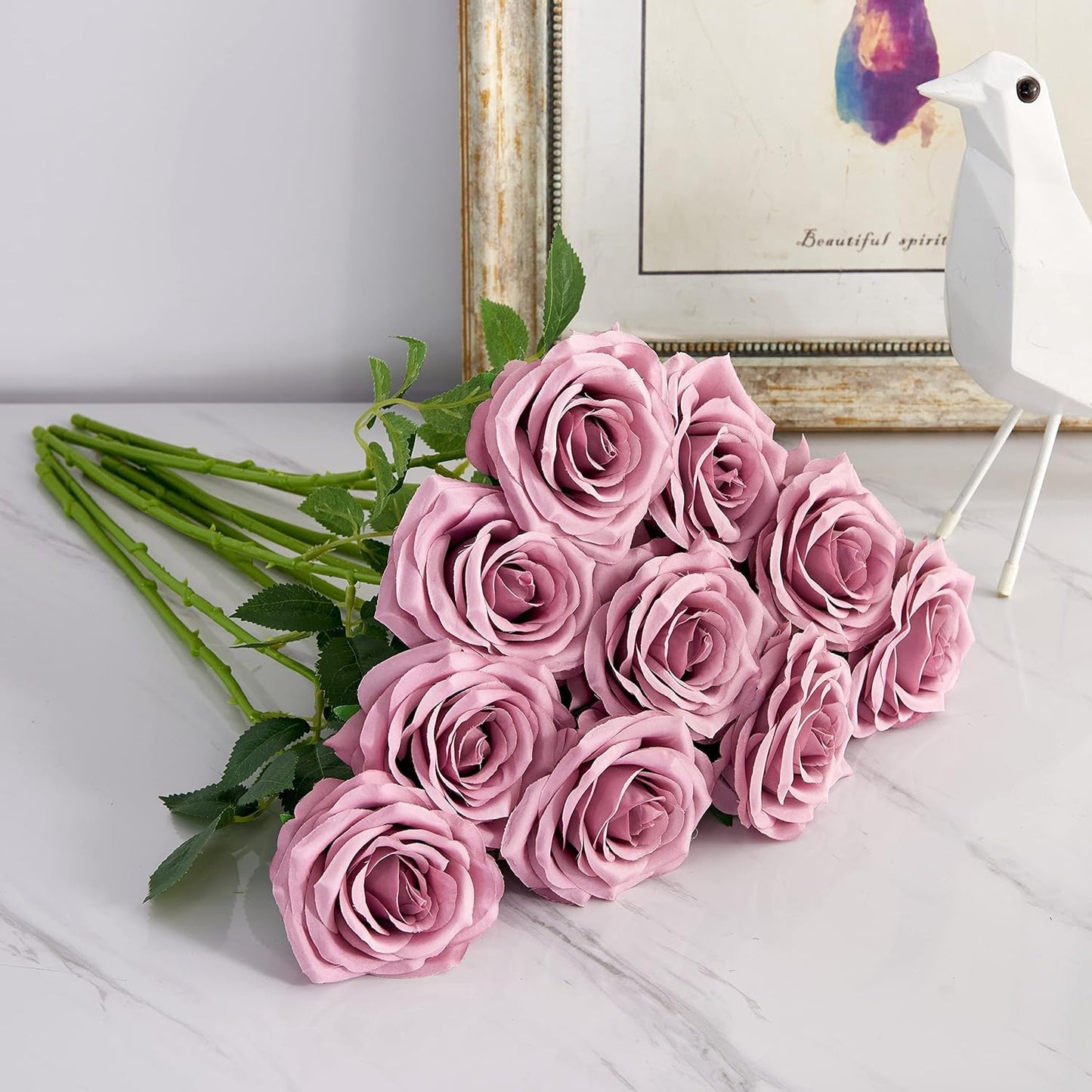Artificial Rose 10pcs Open Flower Bouquet Faux Rose Stems for Wedding Arrangement, Bridal Bouquet, Centerpiece, Fake Faux Silk Flowers (Mauve)